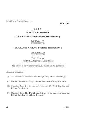 Meghalaya Board (MBOSE) Class 10 ADDITIONAL ENGLISH 2017 Question Paper