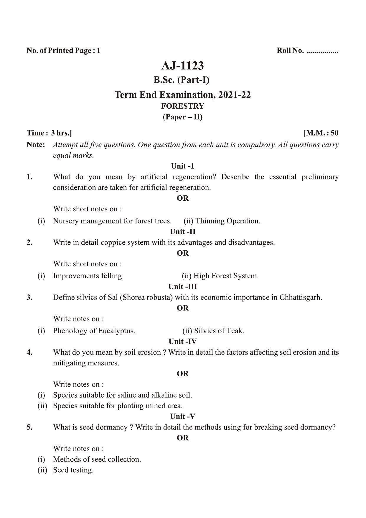 Bilaspur University Question Paper 2021-2022: B. SC. Part -I (BIO-GROUP) Forestry Paper 2 - Page 1