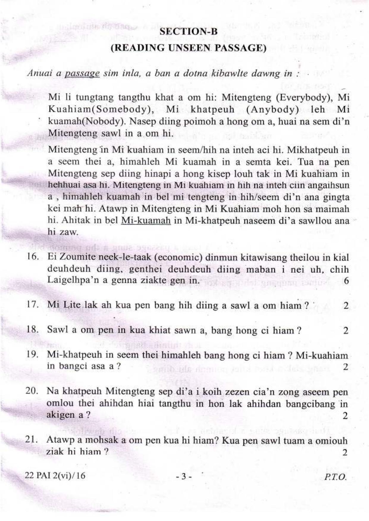 COHSEM Class 12 Paite (M.I.L.) 2016 Question Papers - Page 3