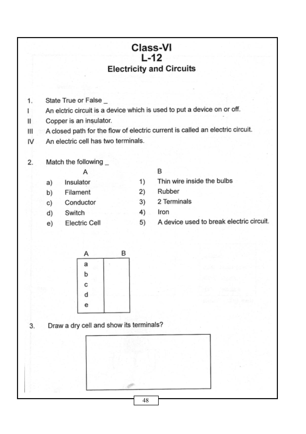 CBSE Worksheets for Class 6 Electricity and Circuits Assignment - Page 1