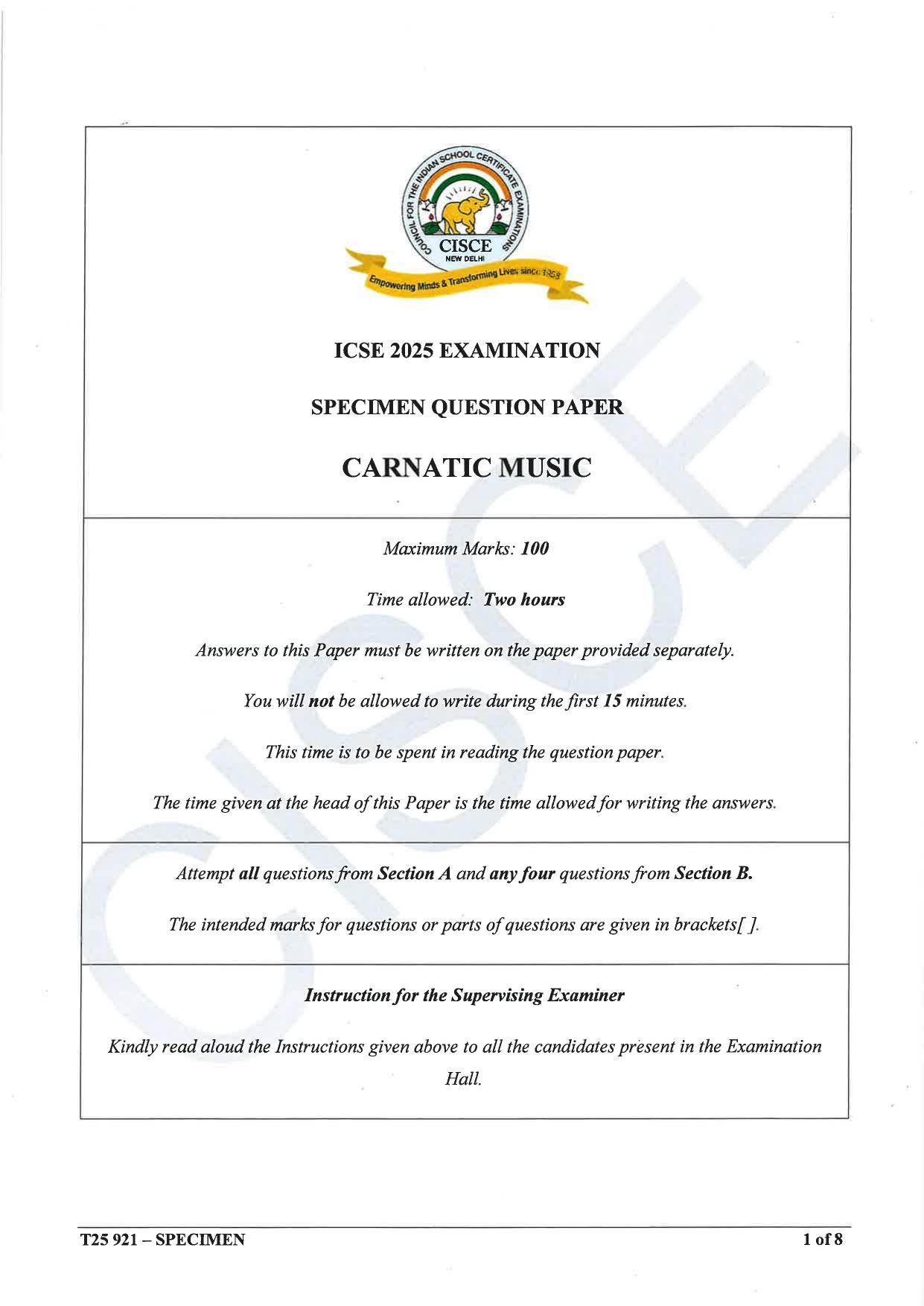 ICSE Class 10 2025 Carnatic Music (QP & MS) Specimen Paper - Page 1