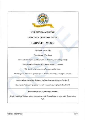 ICSE Class 10 2025 Carnatic Music (QP & MS) Specimen Paper
