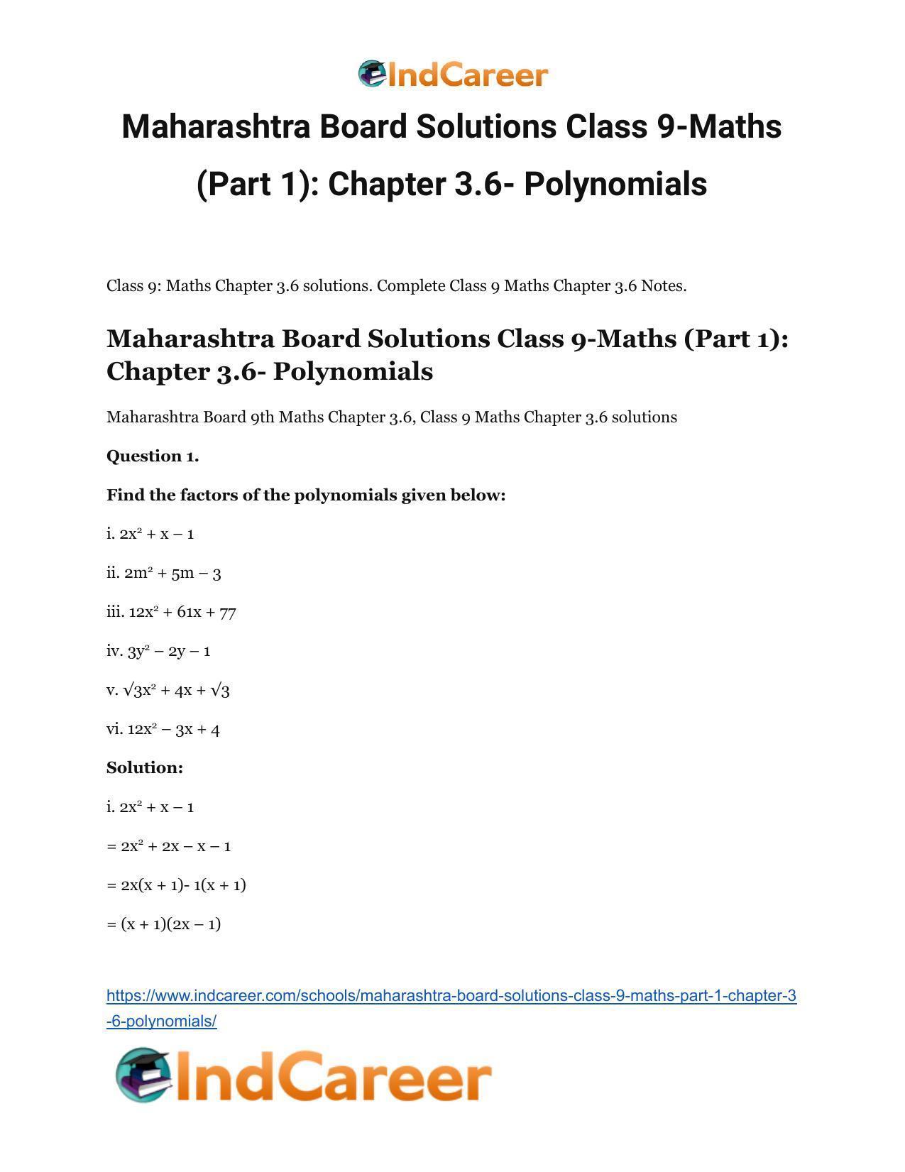 Maharashtra Board Solutions Class 9-Maths (Part 1): Chapter 3.6- Polynomials - Page 2