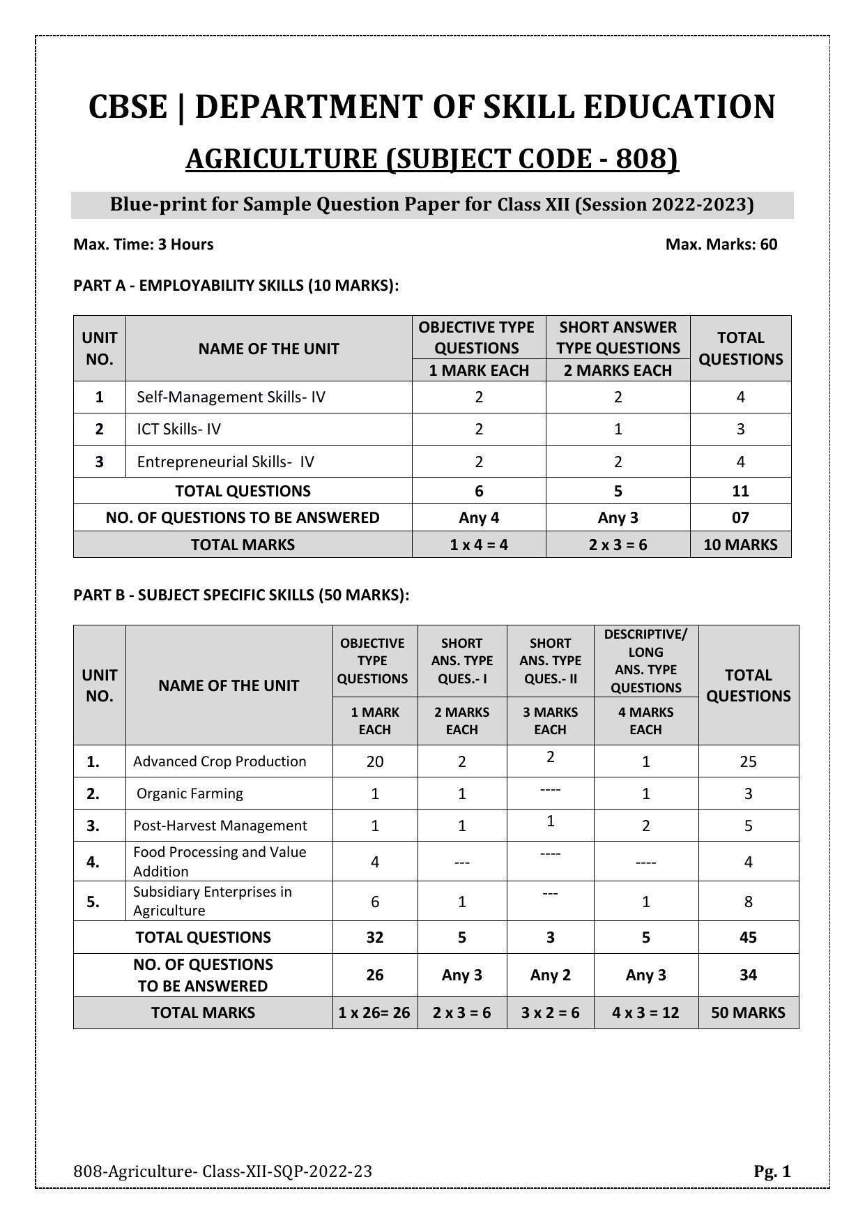 CBSE Class 12 Agriculture (Skill Education) Sample Papers 2023 - Page 1