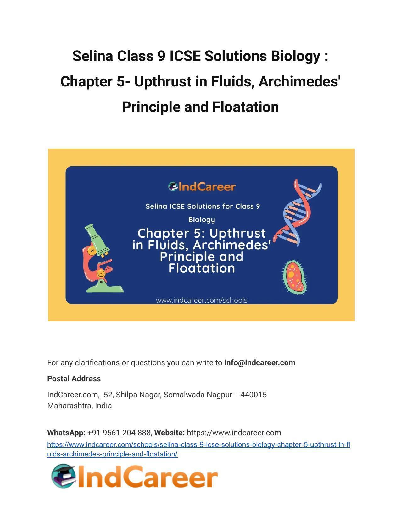 Selina Class 9 ICSE Solutions Biology : Chapter 5- Upthrust in Fluids, Archimedes' Principle and Floatation - Page 1