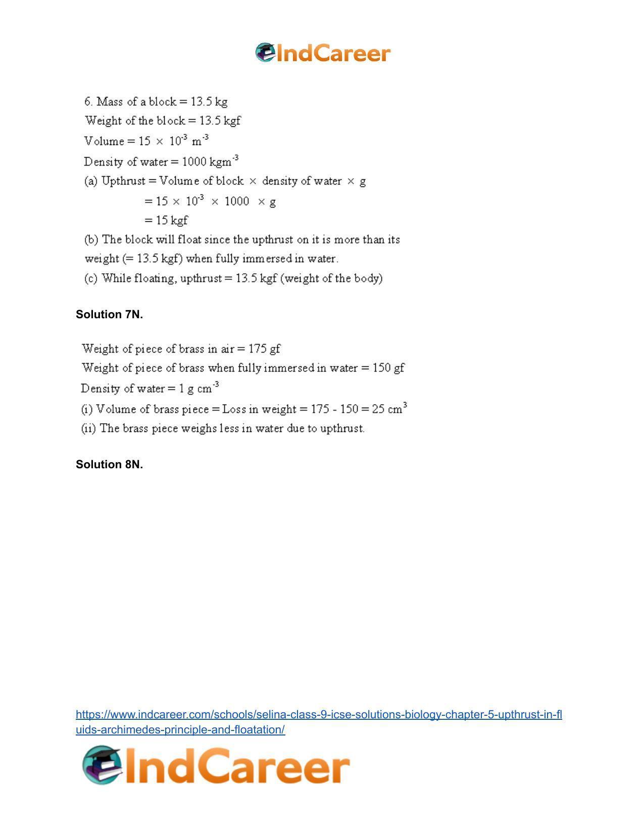 Selina Class 9 ICSE Solutions Biology : Chapter 5- Upthrust in Fluids, Archimedes' Principle and Floatation - Page 14
