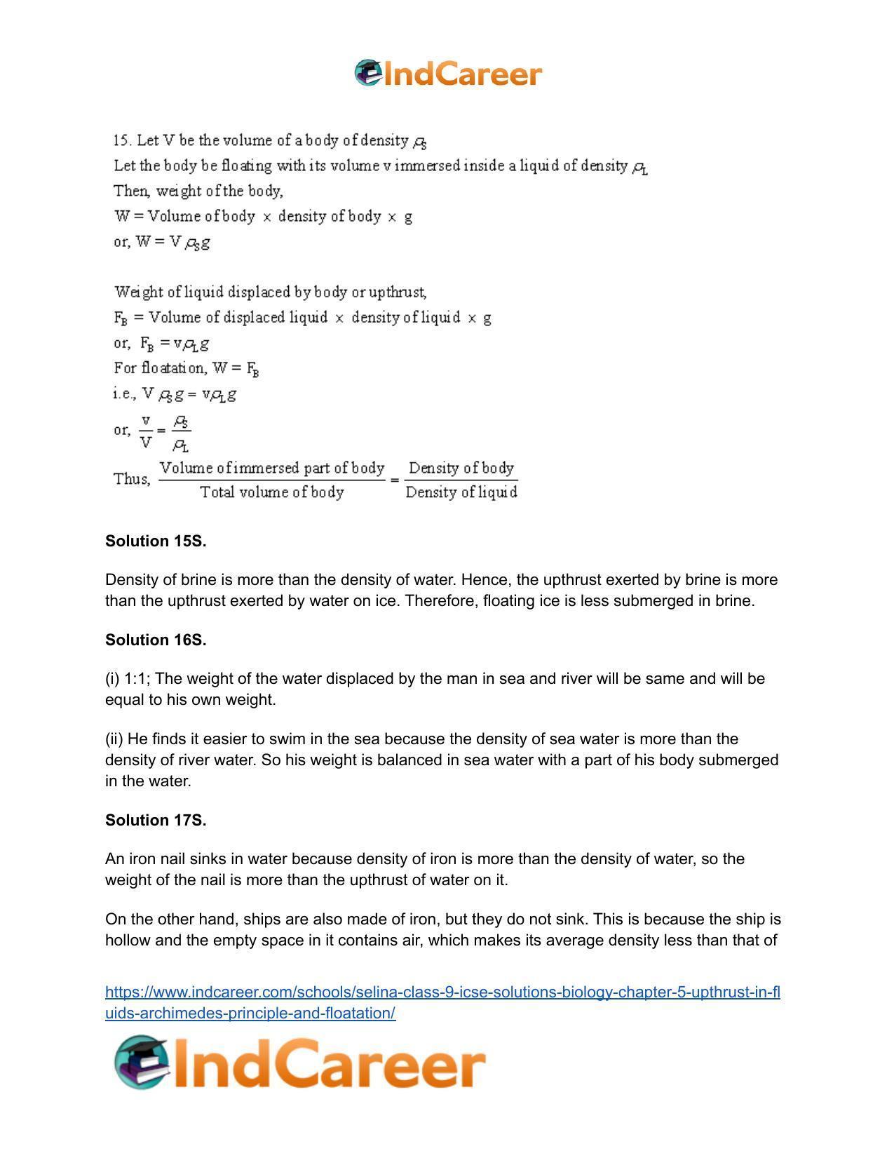 Selina Class 9 ICSE Solutions Biology : Chapter 5- Upthrust in Fluids, Archimedes' Principle and Floatation - Page 30