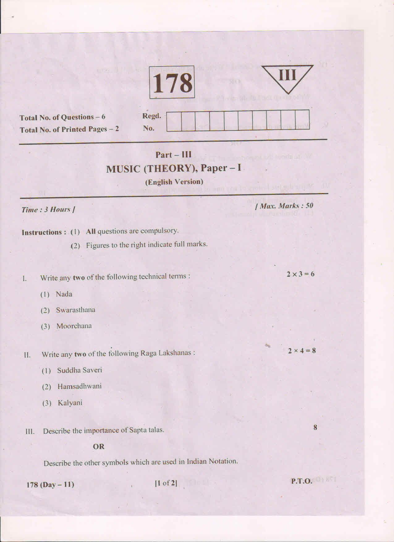 AP Inter 1st Year Music-I (EM) March-2019-General Question Paper - Page 1