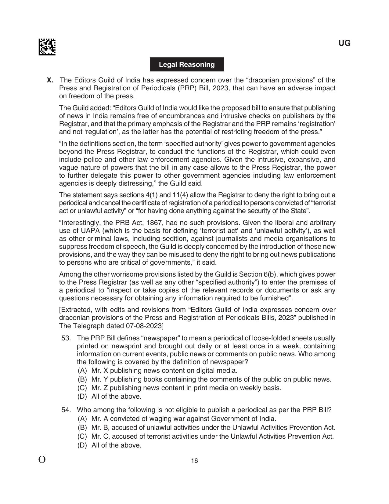 CLAT 2024 UG SET C Question Paper - Page 16