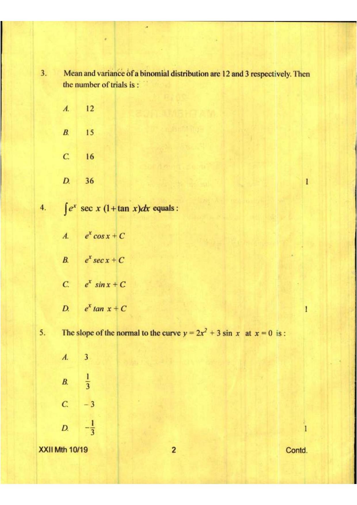 COHSEM Class 12 Mathematics 2019 Question Papers - Page 2
