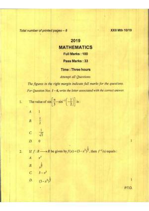 COHSEM Class 12 Mathematics 2019 Question Papers