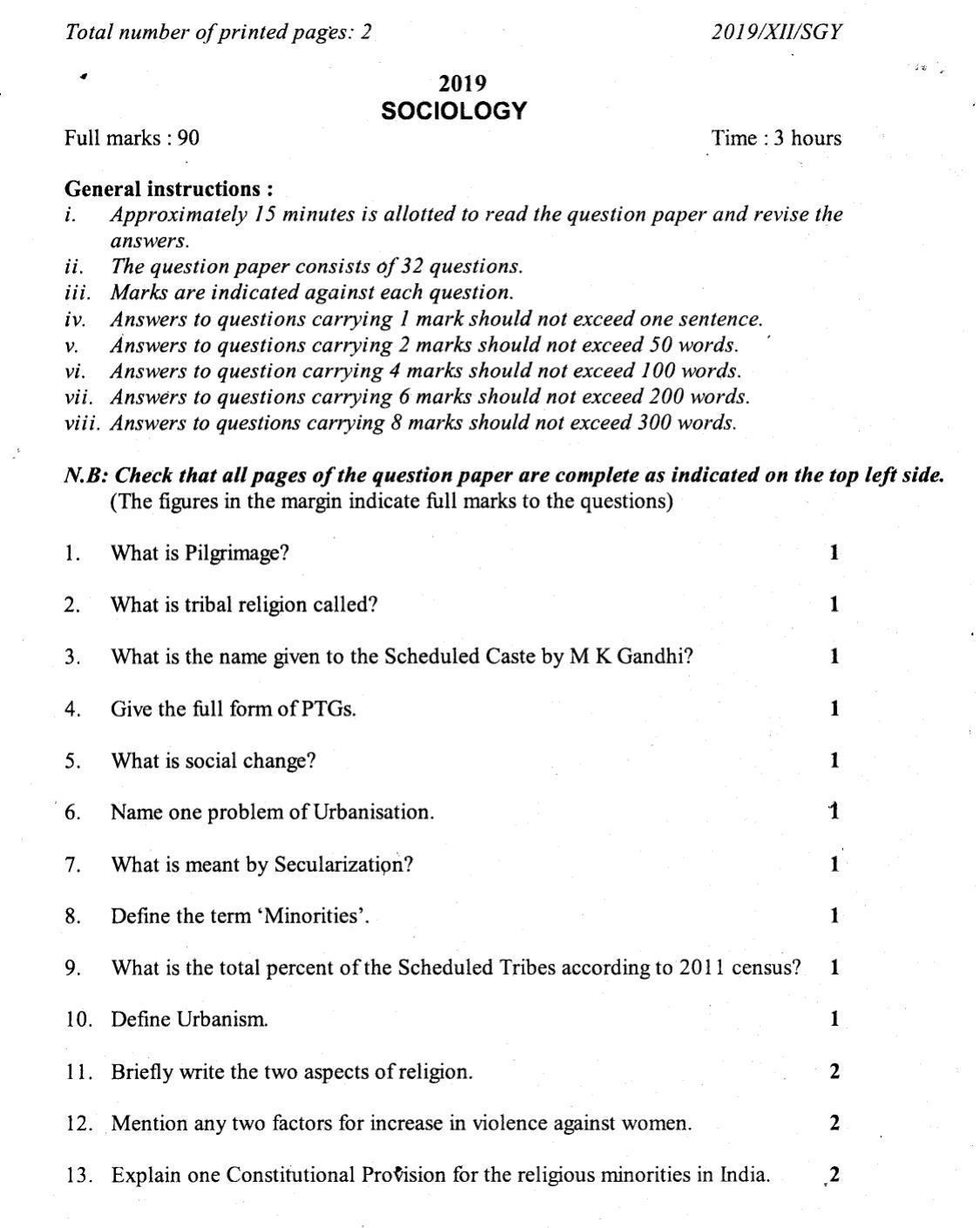 Nagaland Board Class 12 Sociology 2019 Question Papers - Page 1