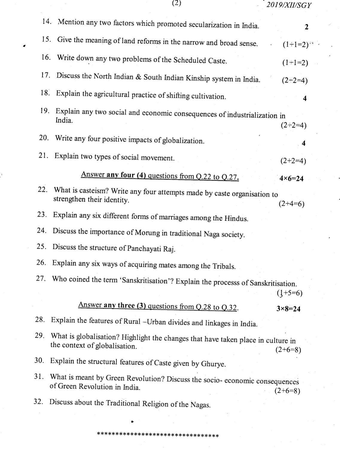 Nagaland Board Class 12 Sociology 2019 Question Papers - Page 2