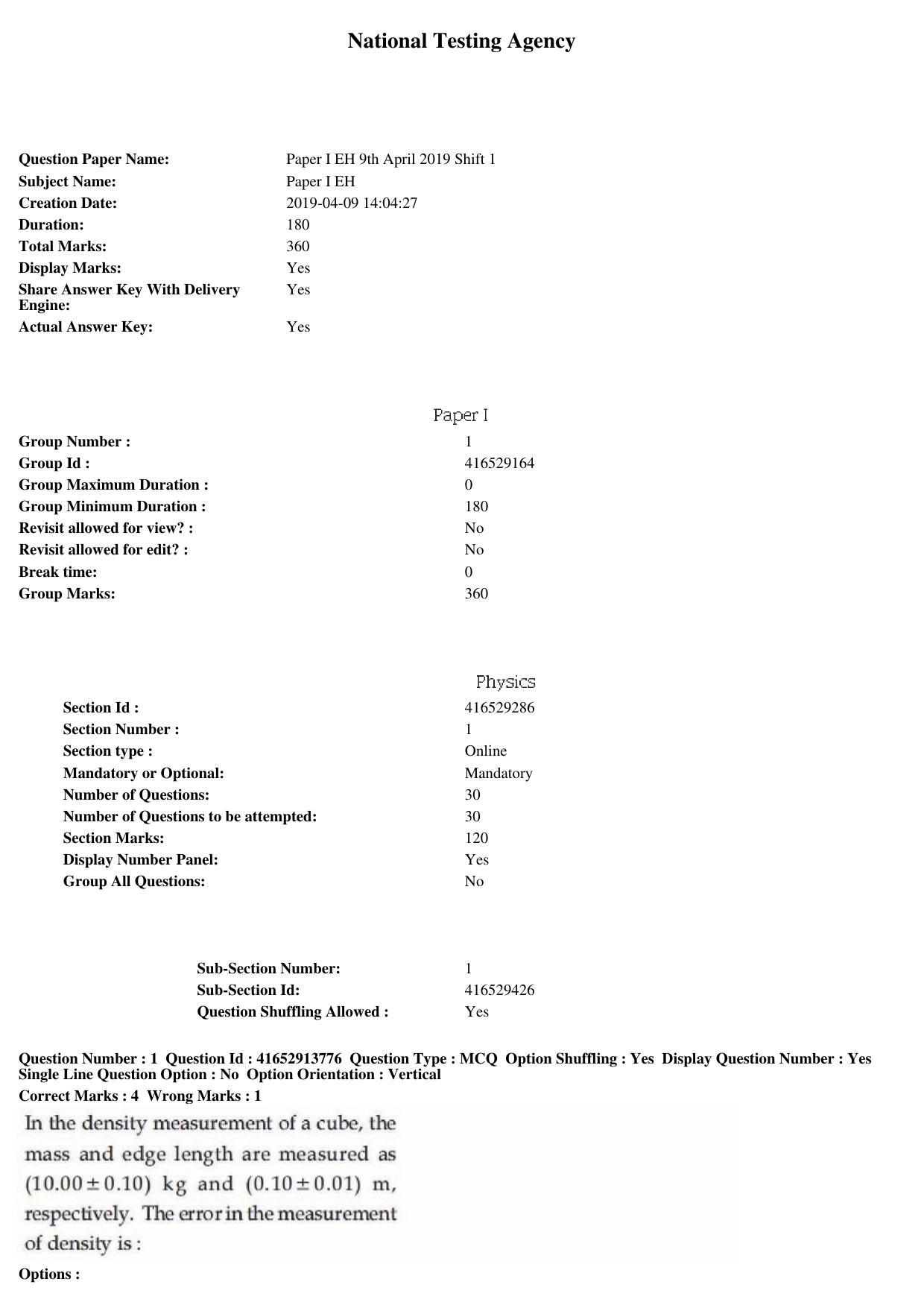 JEE Main 2019 Paper I Question Paper (9th April 2019 Shift 1) - Page 1