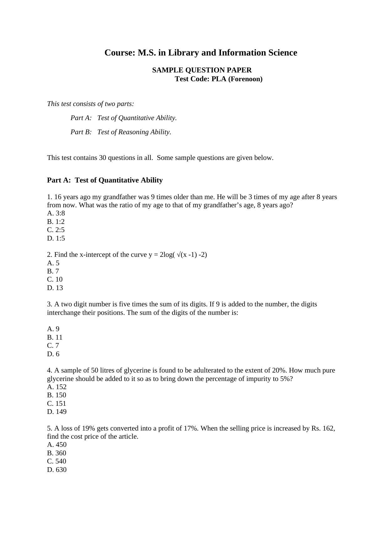 ISI Admission Test M.S (LIS) PLA 2019 Sample Paper - Page 1