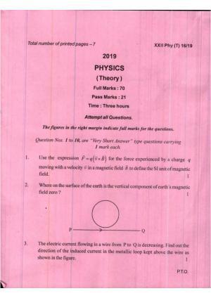COHSEM Class 12 Physics 2019 Question Papers