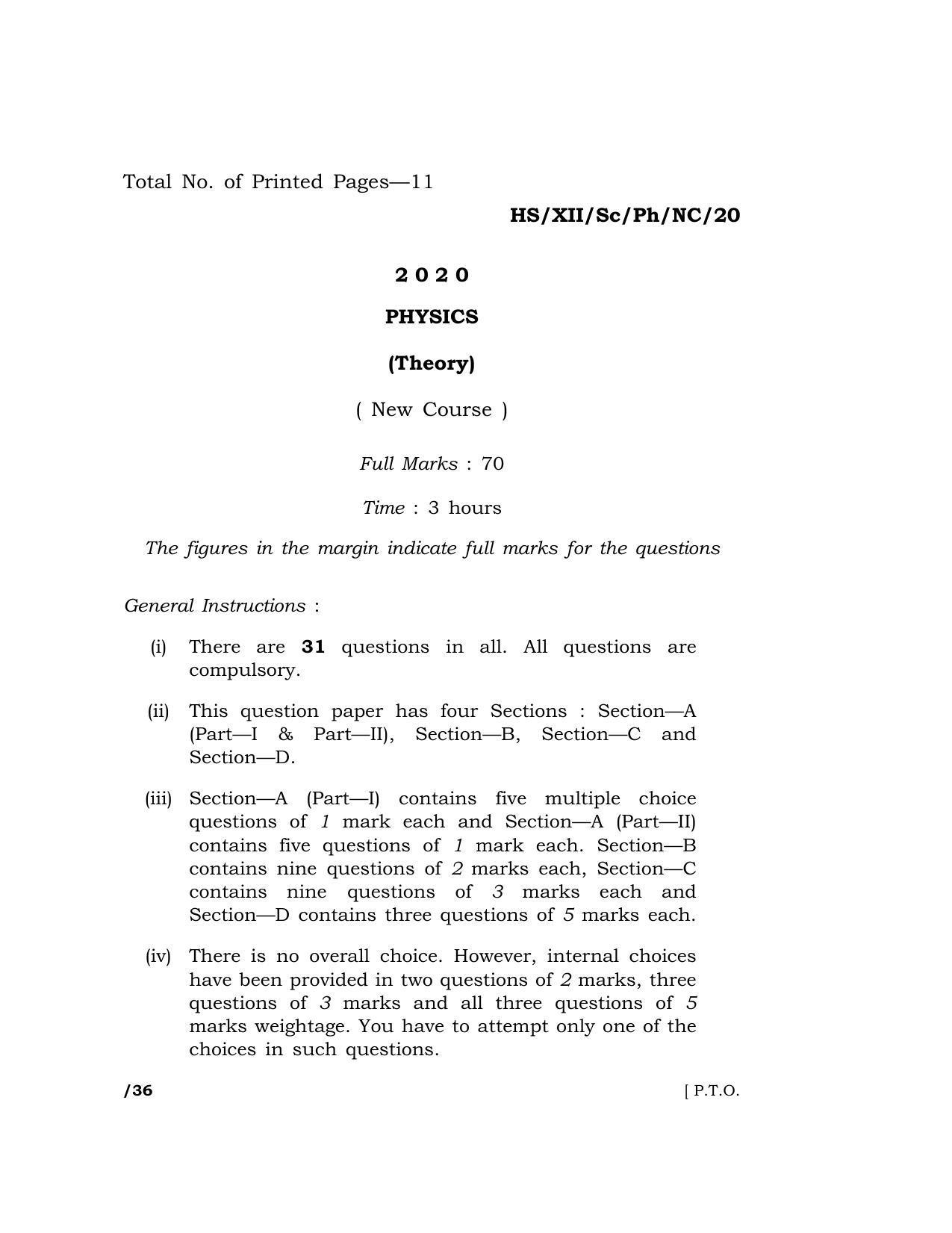 Meghalaya Board (MBOSE) Class 12 PHYSICS (Theory) 2020 Question Paper - Page 1