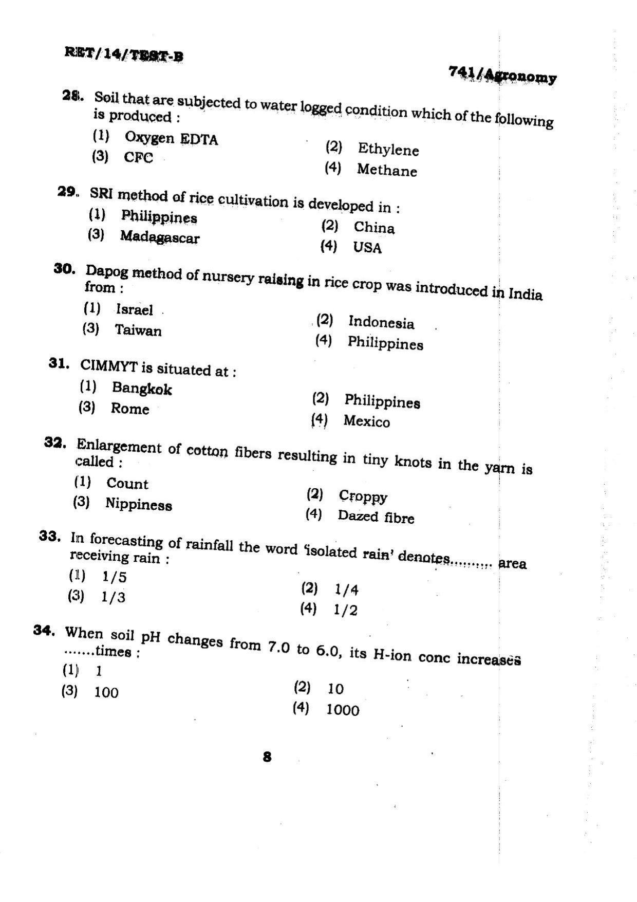 BHU RET Agronomy 2014 Question Paper - Page 8