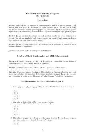 ISI Admission Test M.S.(QMS) QMB 2015 Sample Paper