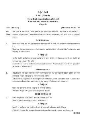 Bilaspur University Question Paper 2021-2022:Bachelor Of Education  (First Year) Childhood And Growing Up Paper 1