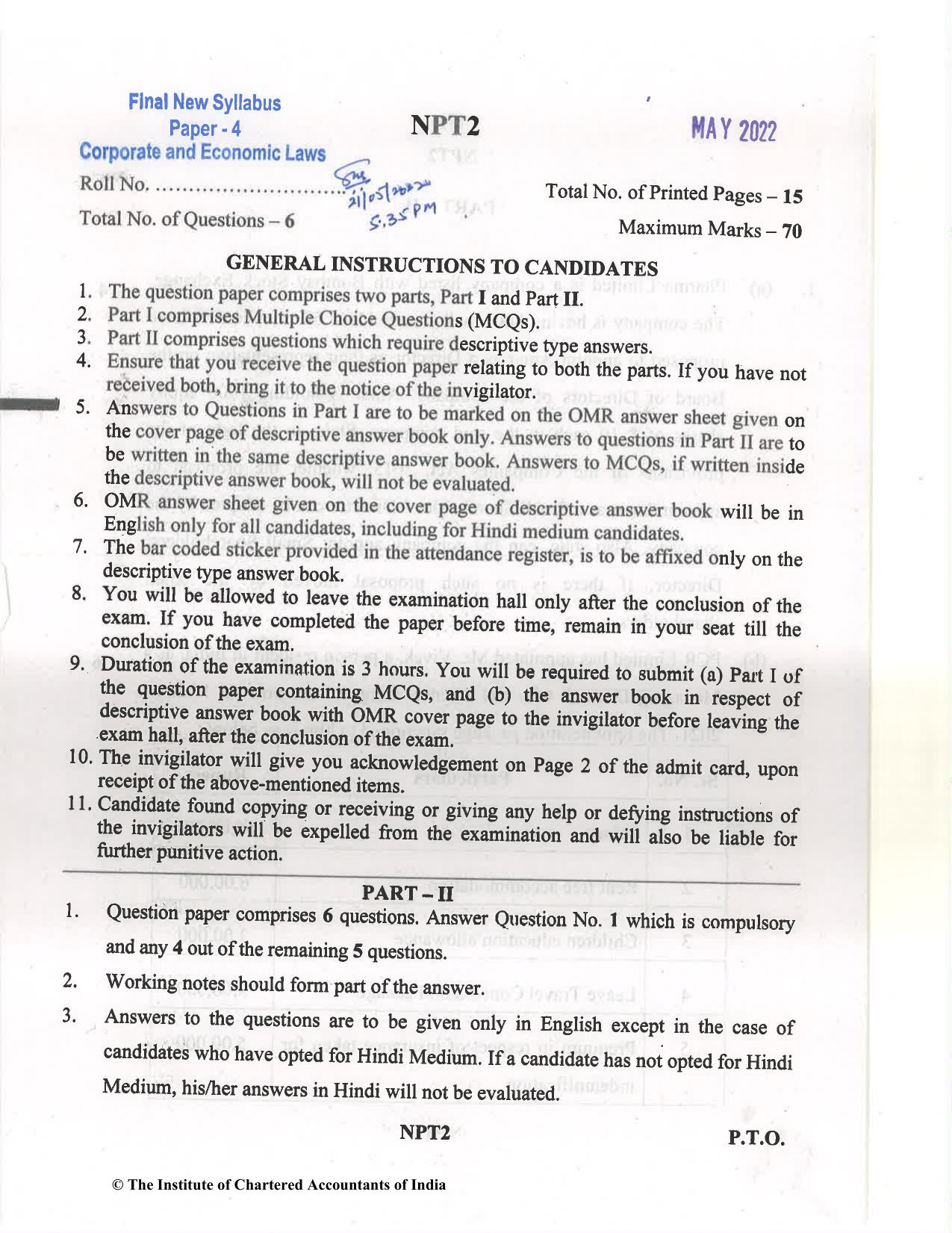 CA Final May 2022 Question Paper - Paper 4 – Corporate & Economic Laws - Page 1