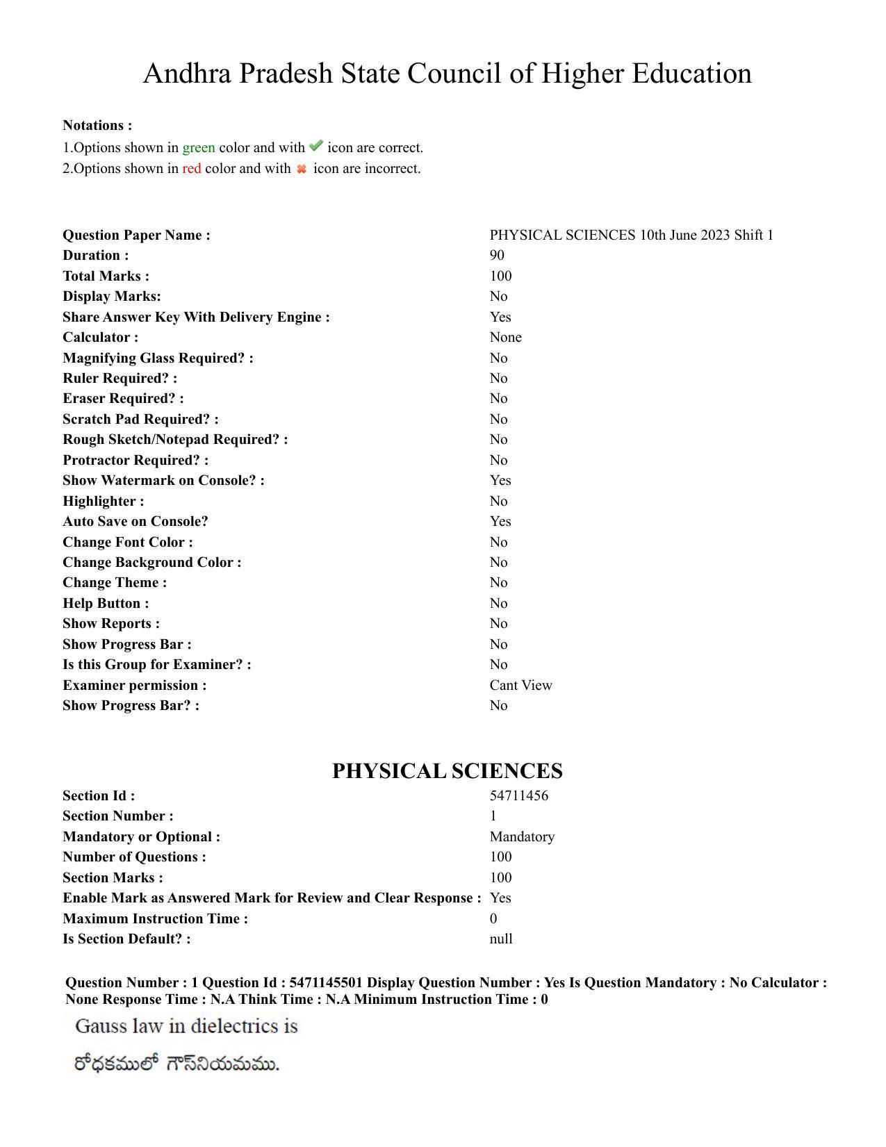 AP PGCET 2023 Physical Sciences Paper with Answer Key - Page 1