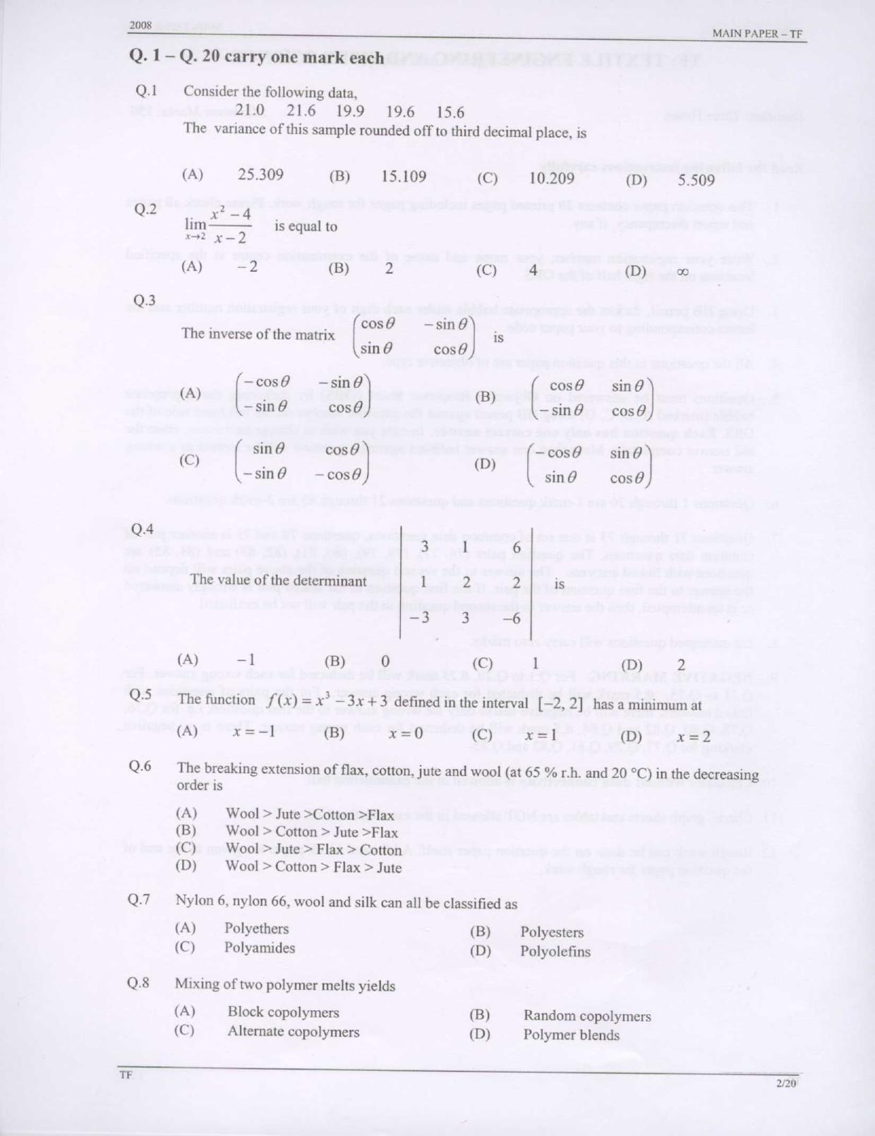 GATE 2008 Textile Engineering and Fibre Science (TF) Question Paper with Answer Key - Page 2