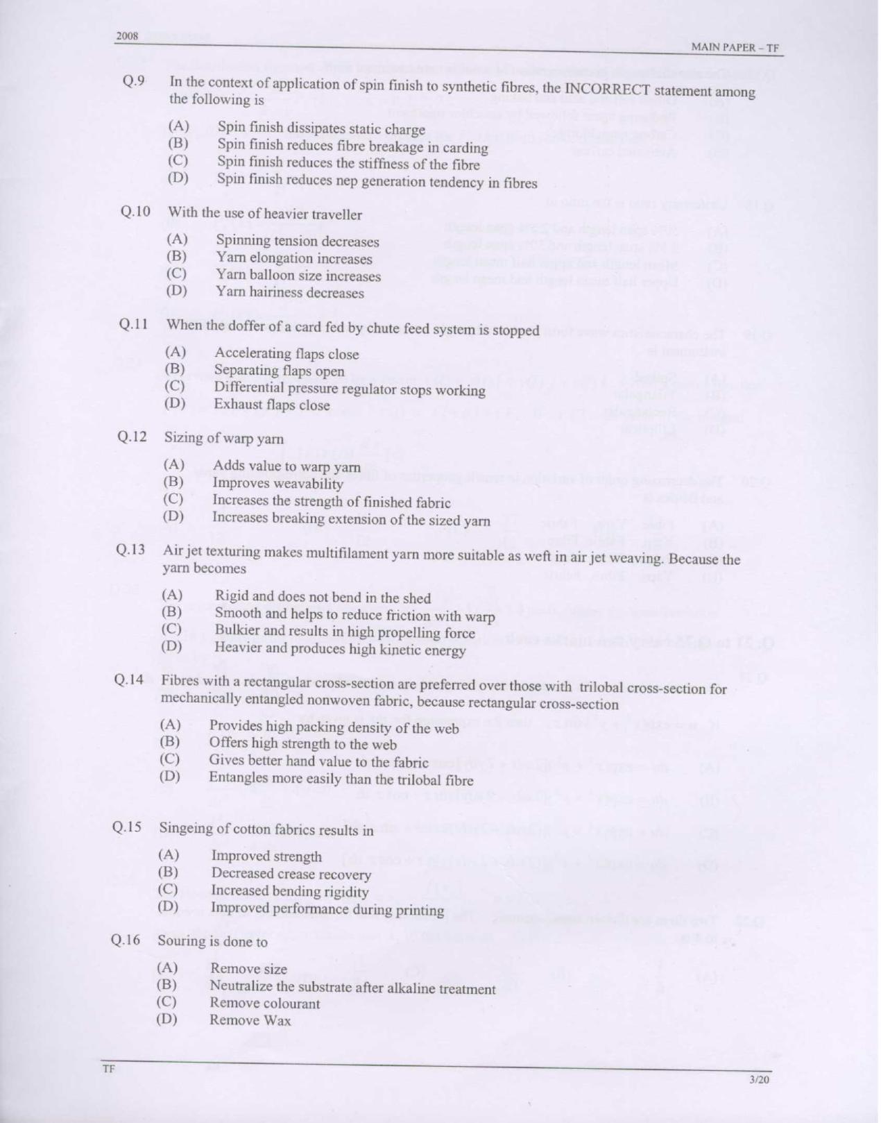 GATE 2008 Textile Engineering and Fibre Science (TF) Question Paper with Answer Key - Page 3