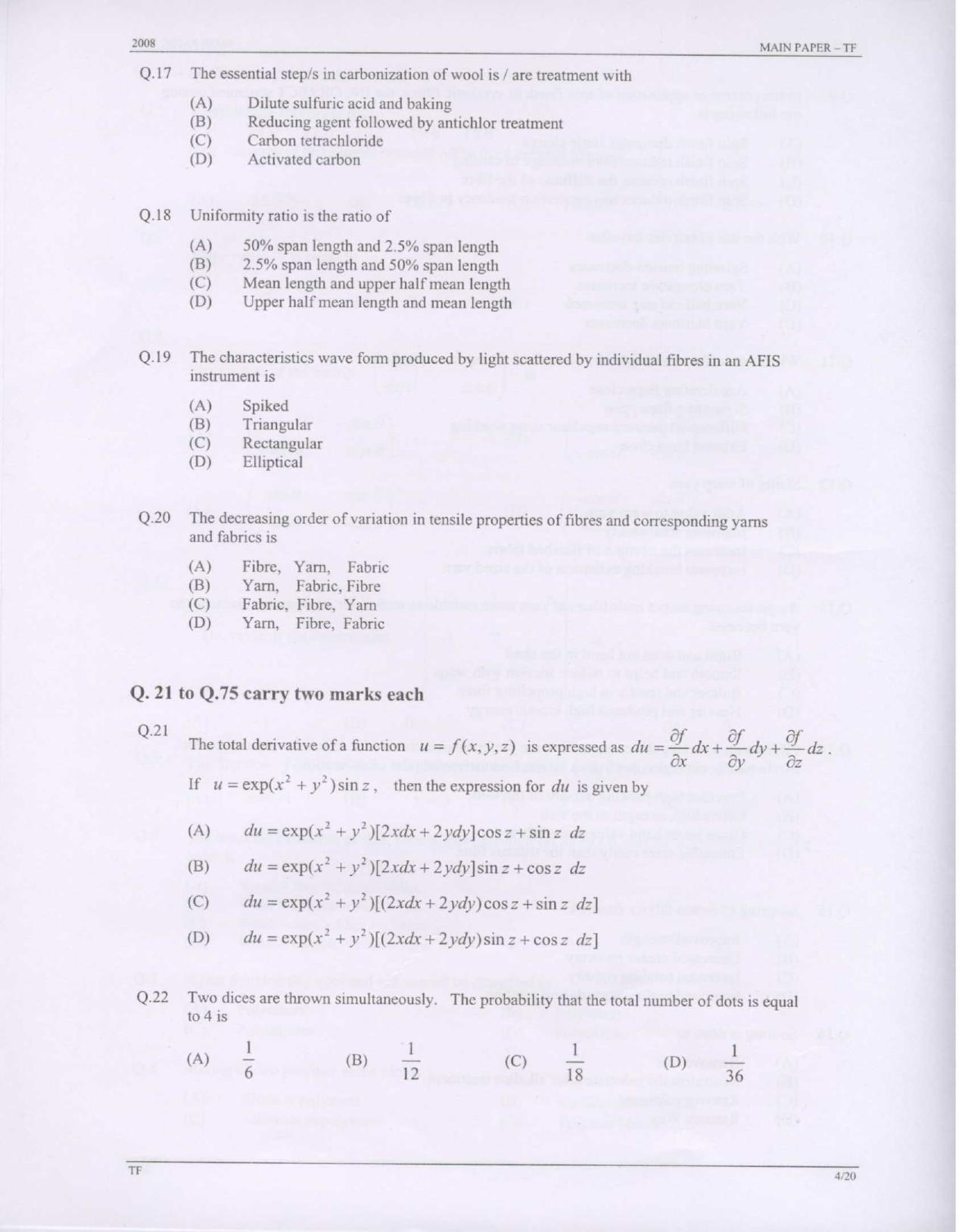 GATE 2008 Textile Engineering and Fibre Science (TF) Question Paper with Answer Key - Page 4