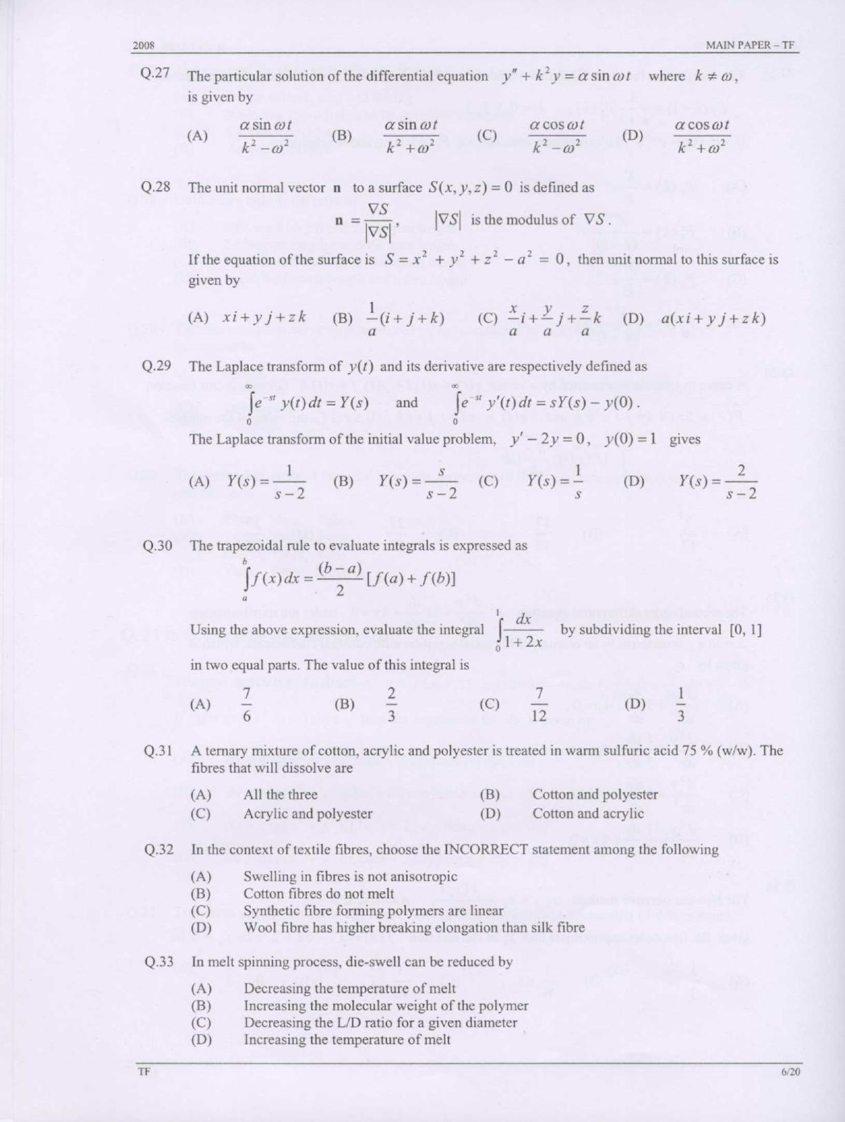 GATE 2008 Textile Engineering and Fibre Science (TF) Question Paper with Answer Key - Page 6