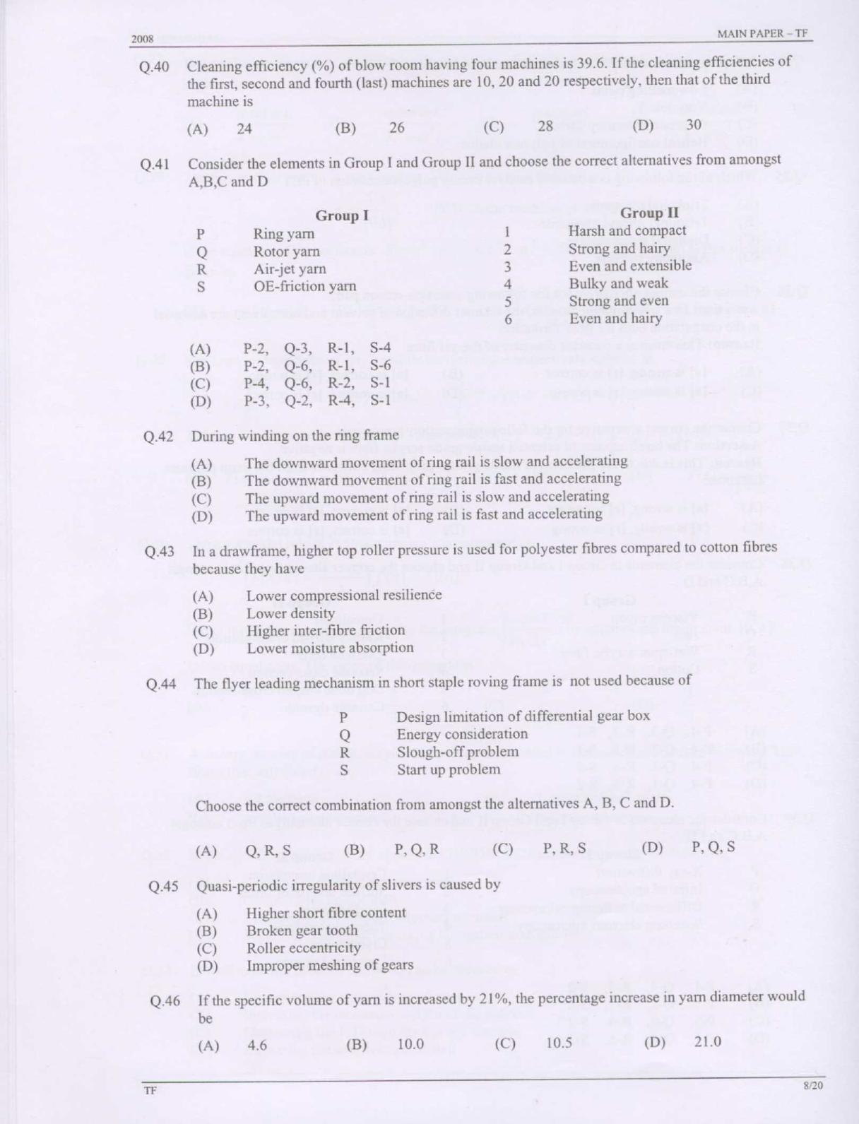 GATE 2008 Textile Engineering and Fibre Science (TF) Question Paper with Answer Key - Page 8