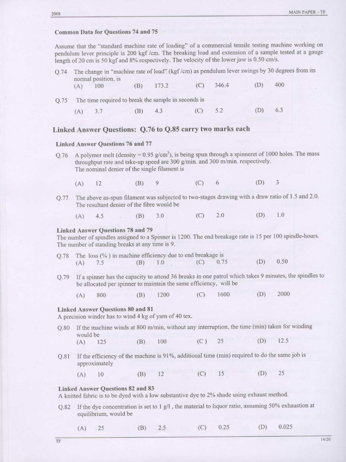 GATE 2008 Textile Engineering and Fibre Science (TF) Question Paper with Answer Key - Page 14