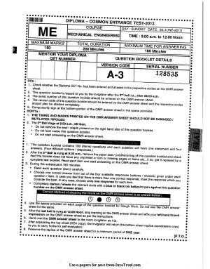 Karnataka Diploma CET- 2013 Mechanical Engineering Question Paper