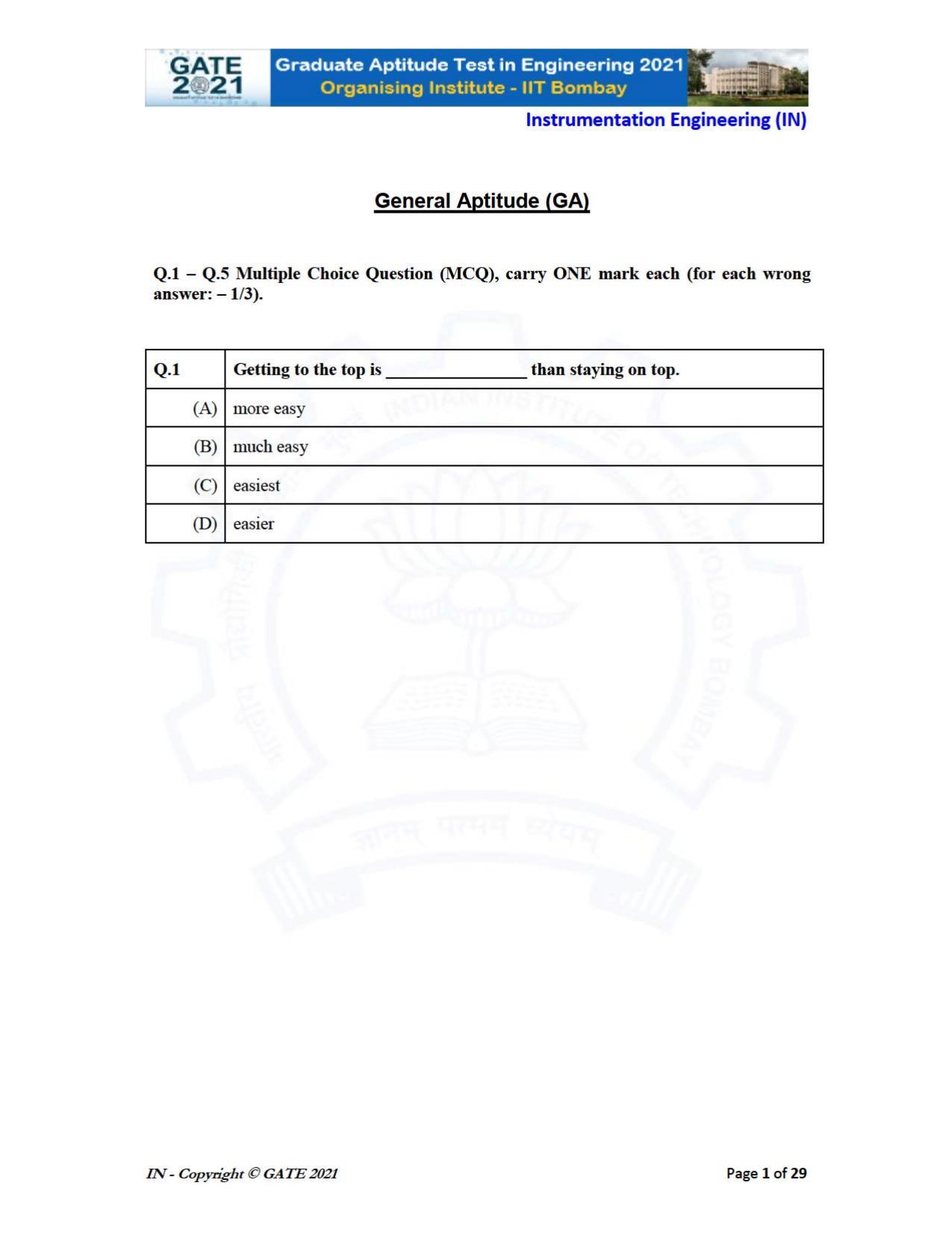 GATE 2021 Instrumentation Engineering (IN) Question Paper - Page 1