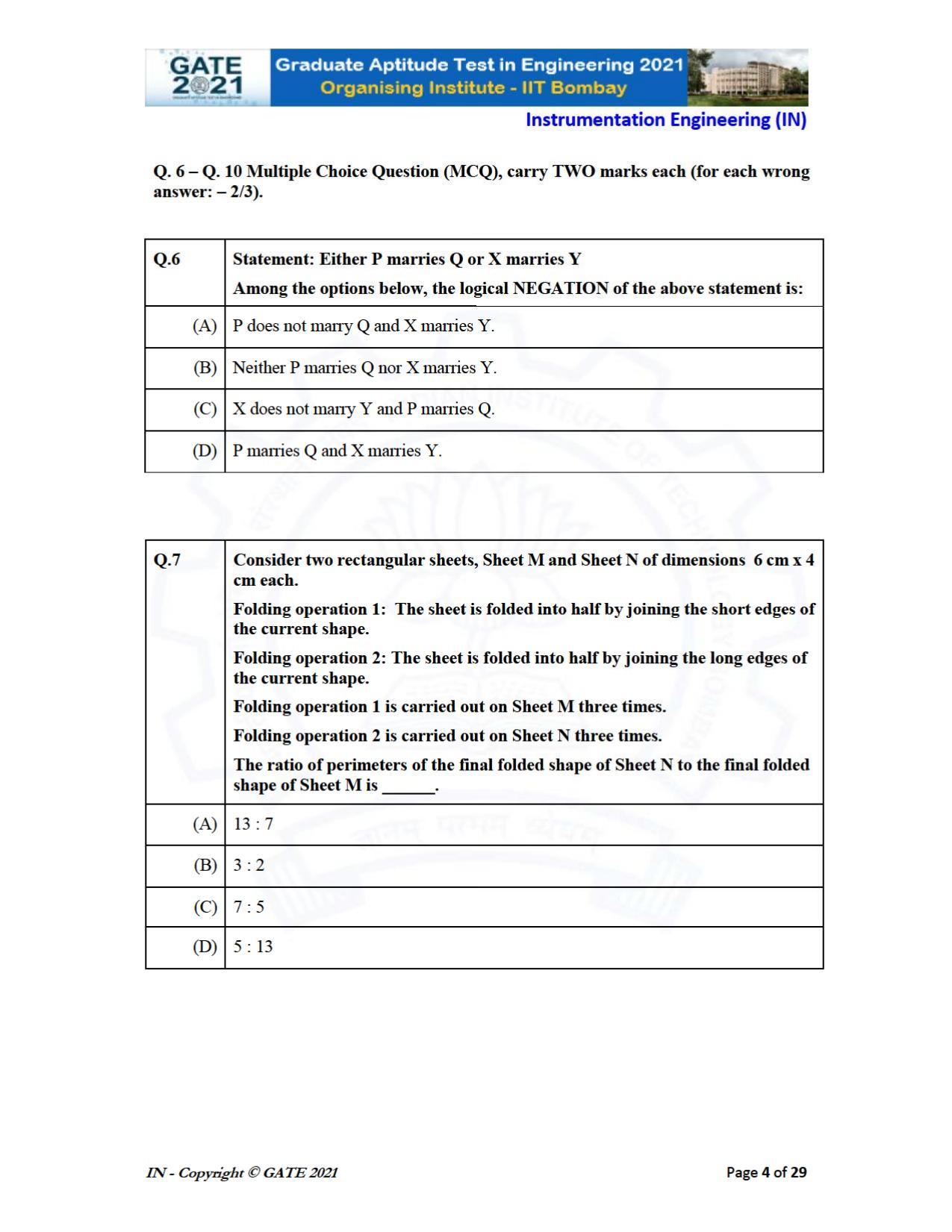 GATE 2021 Instrumentation Engineering (IN) Question Paper - Page 4