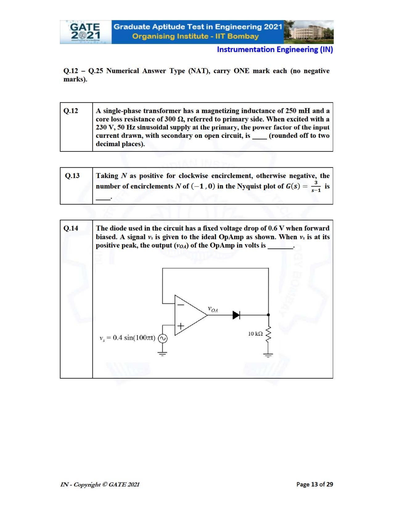 GATE 2021 Instrumentation Engineering (IN) Question Paper - Page 13