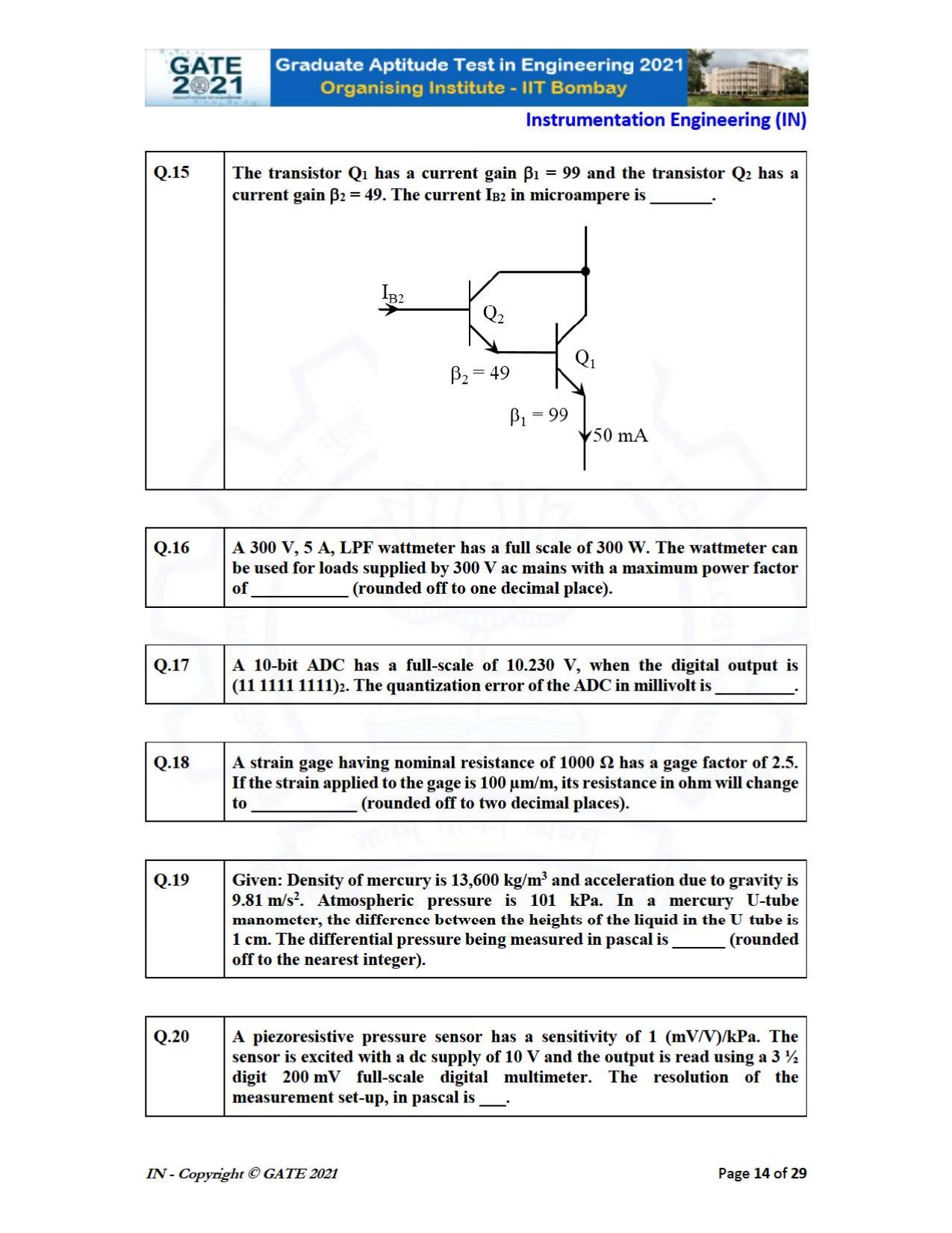 GATE 2021 Instrumentation Engineering (IN) Question Paper - Page 14