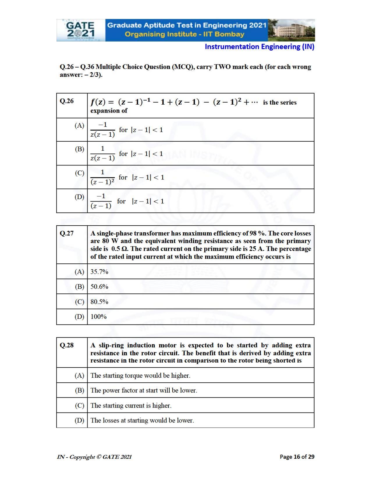 GATE 2021 Instrumentation Engineering (IN) Question Paper - Page 16
