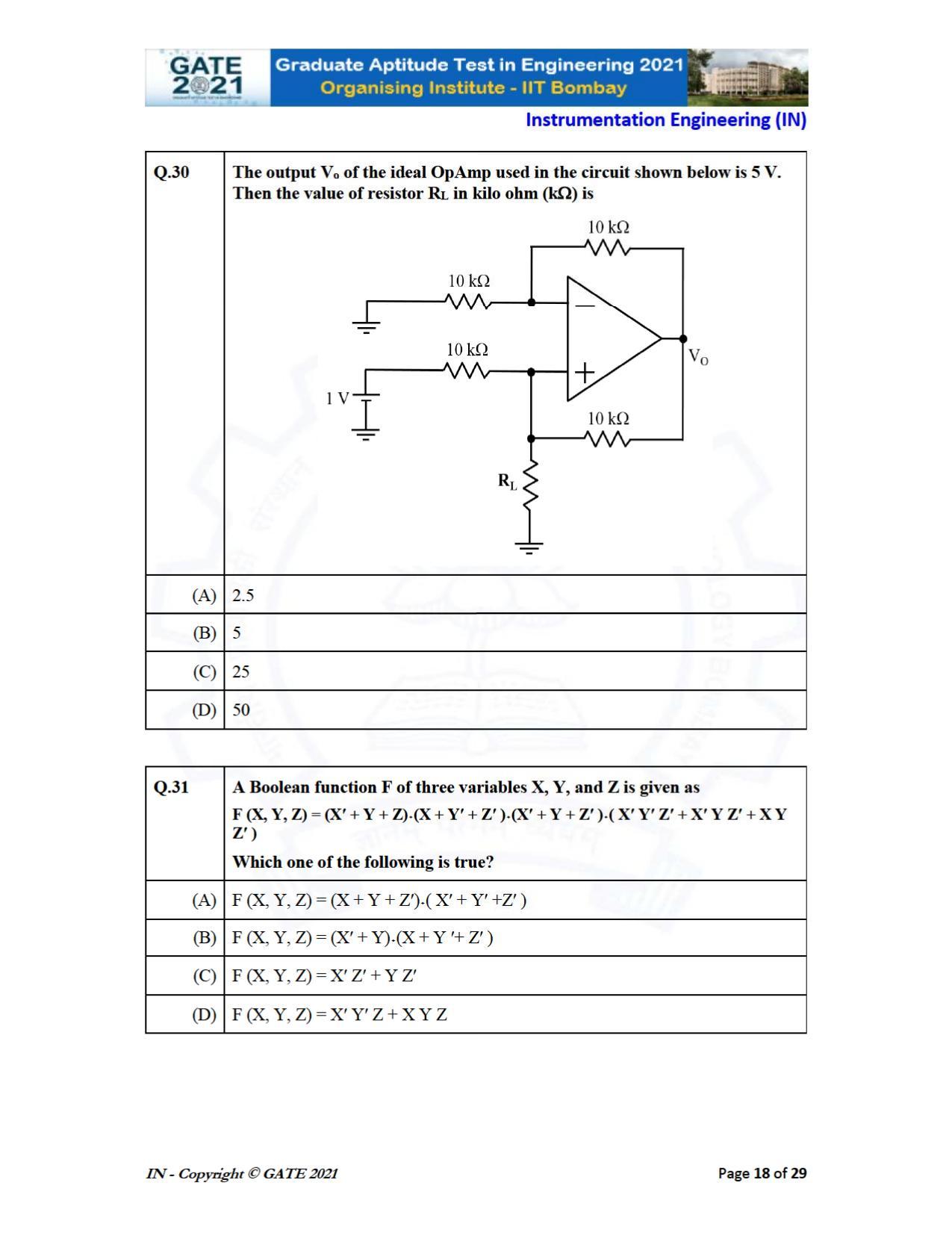 GATE 2021 Instrumentation Engineering (IN) Question Paper - Page 18