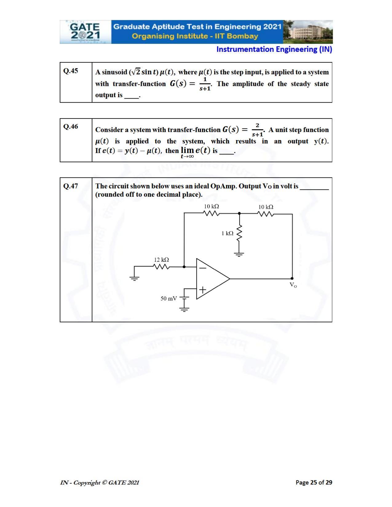 GATE 2021 Instrumentation Engineering (IN) Question Paper - Page 25