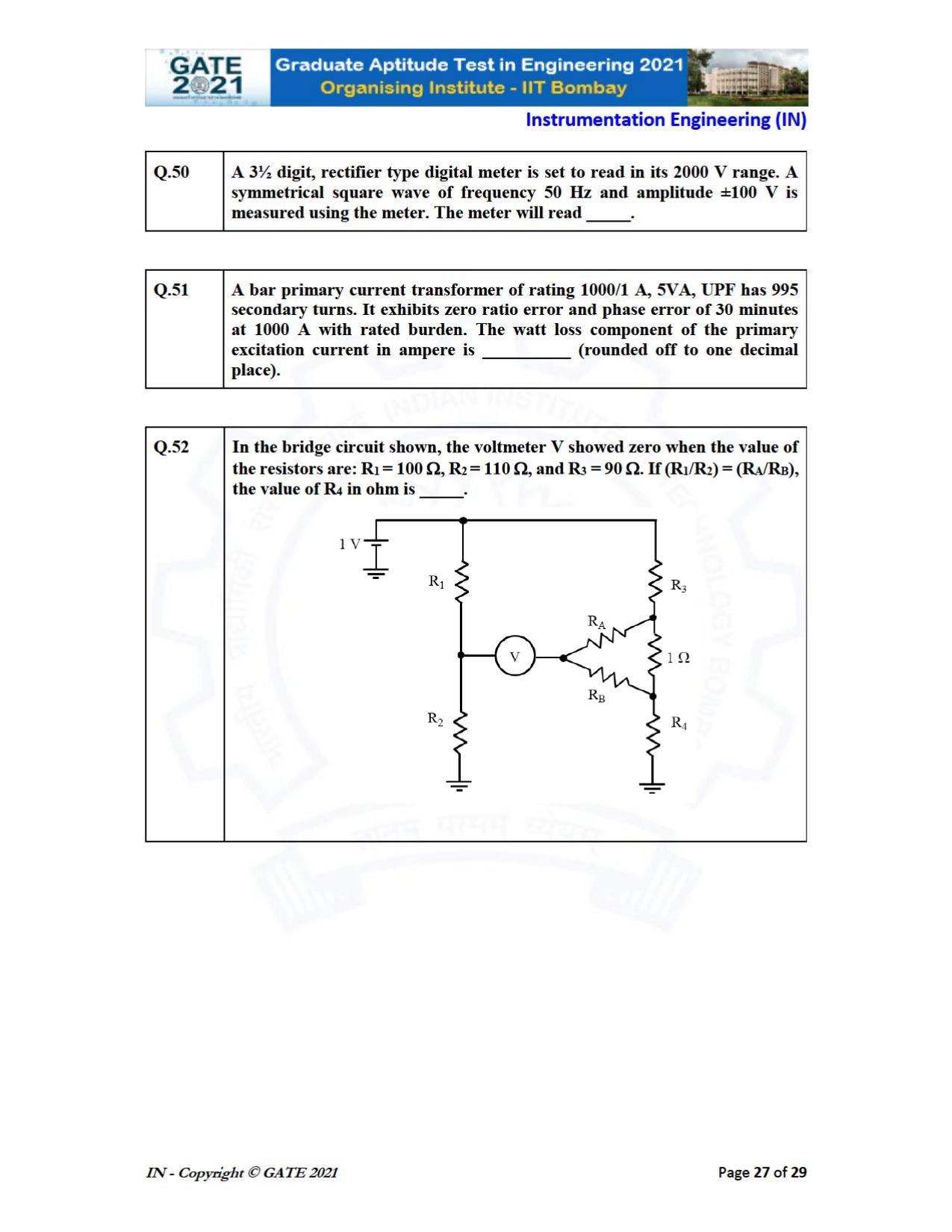 GATE 2021 Instrumentation Engineering (IN) Question Paper - Page 27