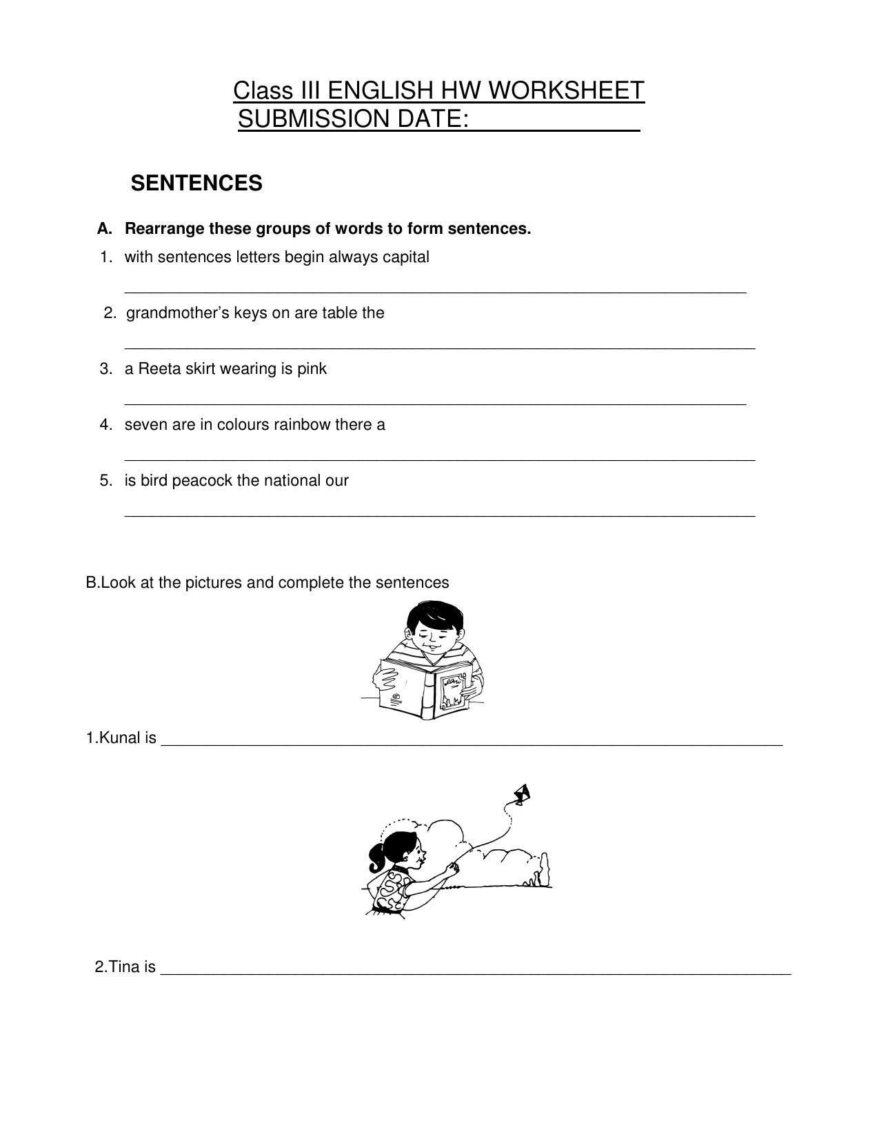 Worksheet for Class 3 English Sentences Assignment - Page 1