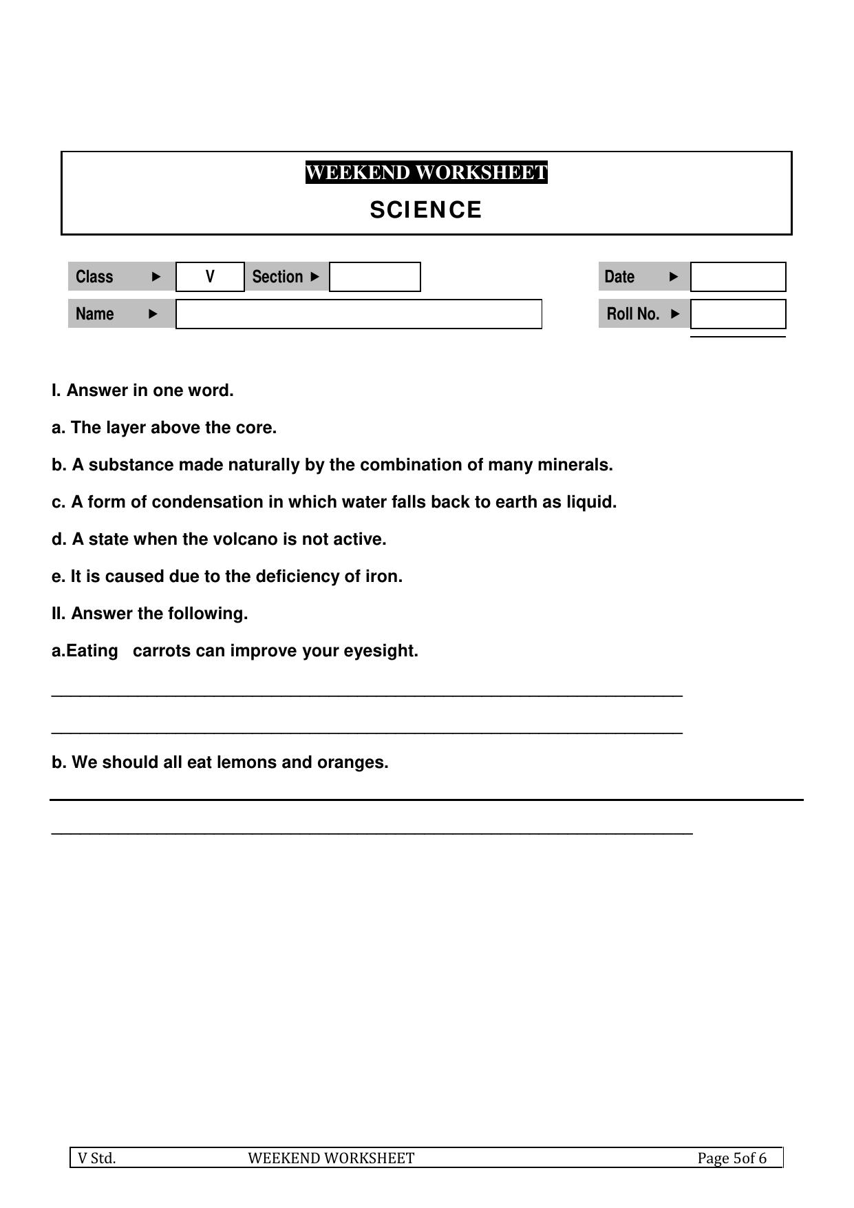 Worksheet for Class 5 Science Assignment 8 - Page 1