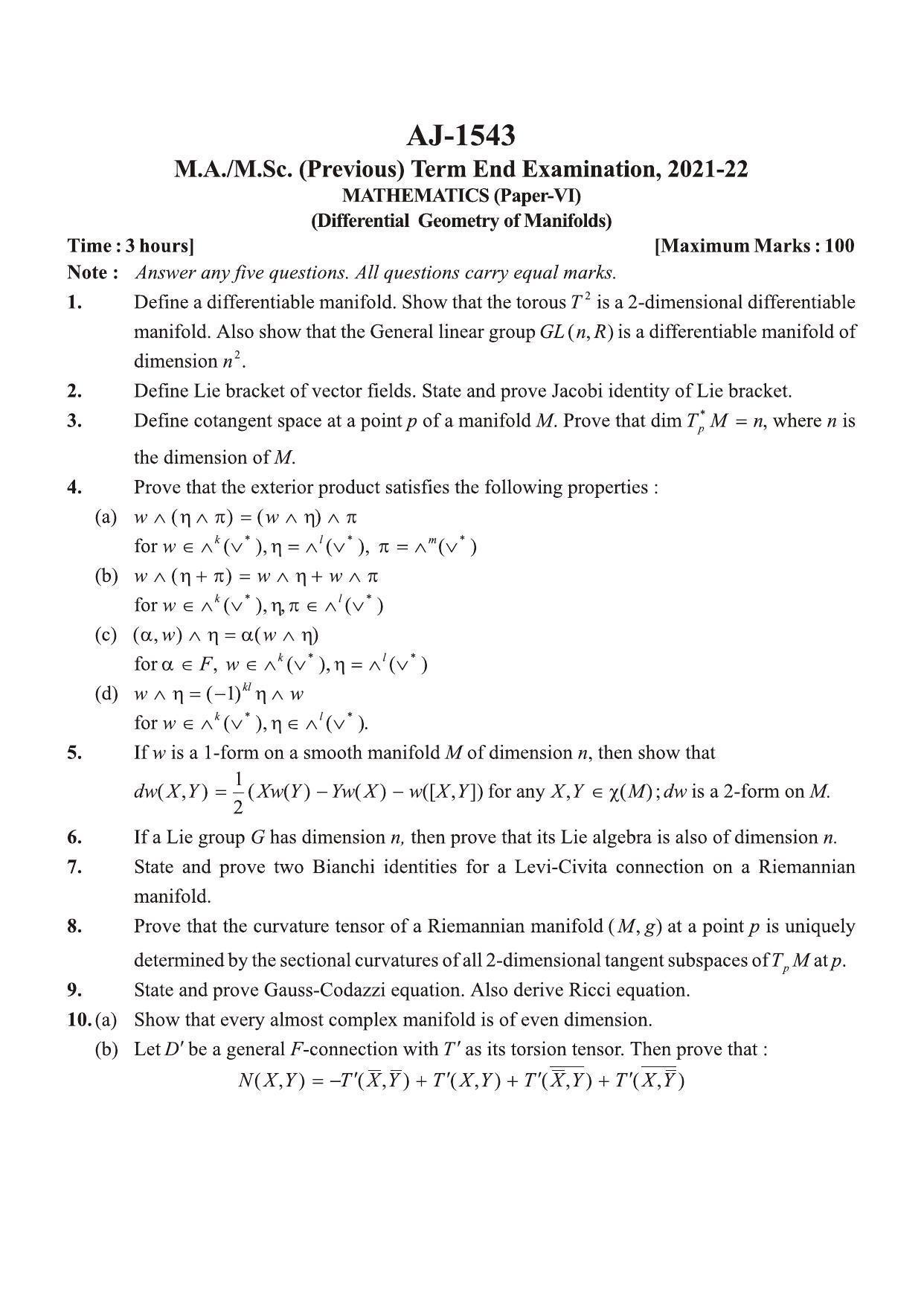 Bilaspur University Question Paper 2021-2022:M.Sc (Previous) Mathematics Differential Geometry Of Manifolds Paper 1 - Page 1