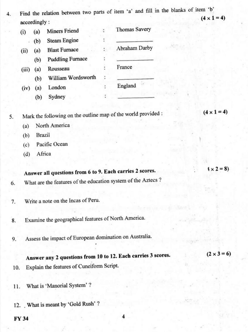 Kerala Plus One 2019 History. Question Paper - Page 4
