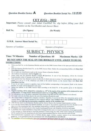PUCET UG 2022 Physics Question Paper