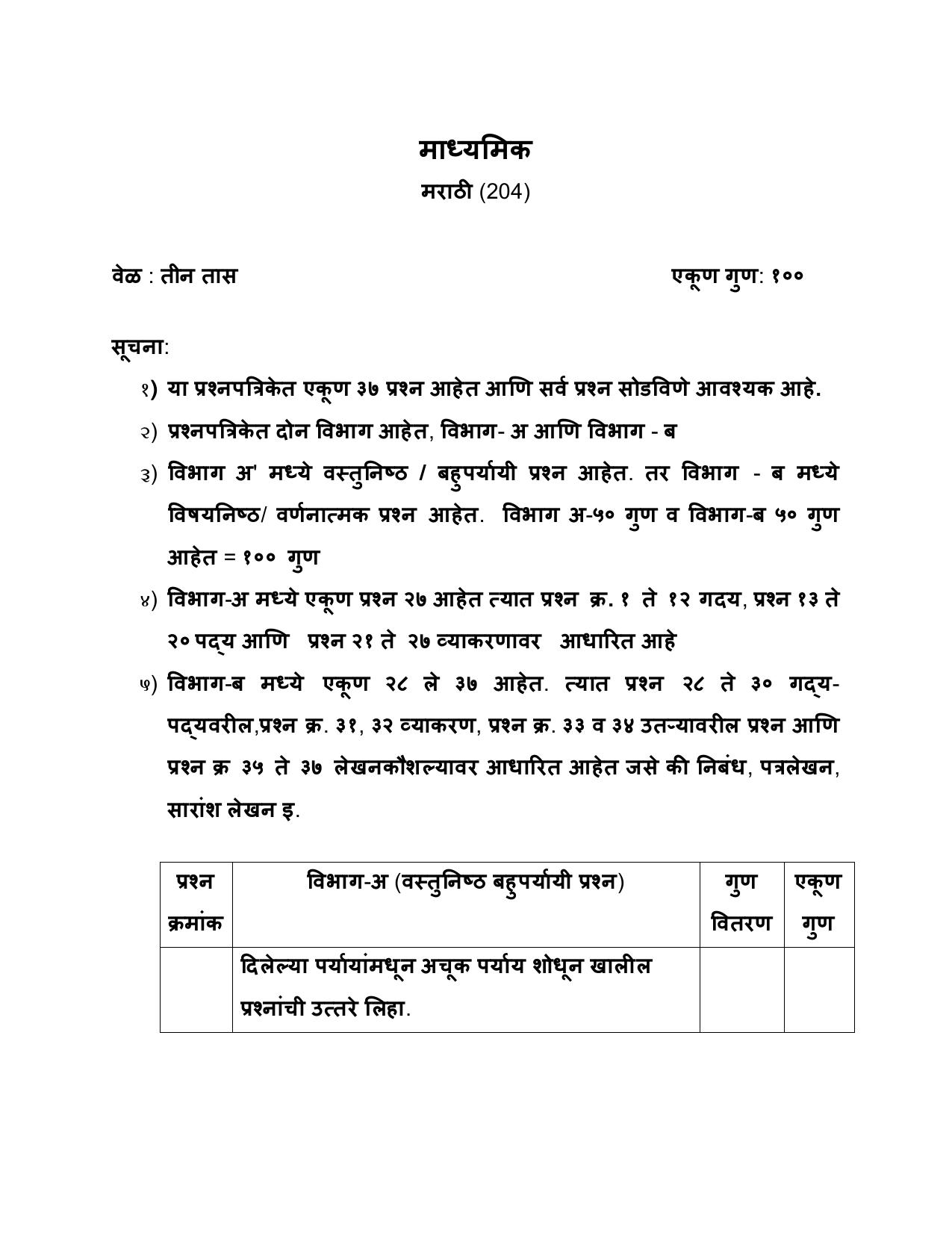 NIOS Class 10 Marathi (204) Sample Paper - Page 1