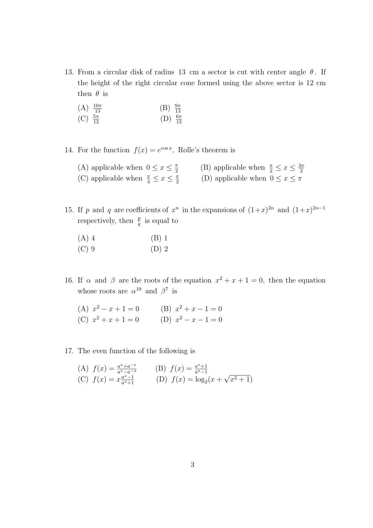 CUSAT CAT 2017 Btech Question Paper - Page 3