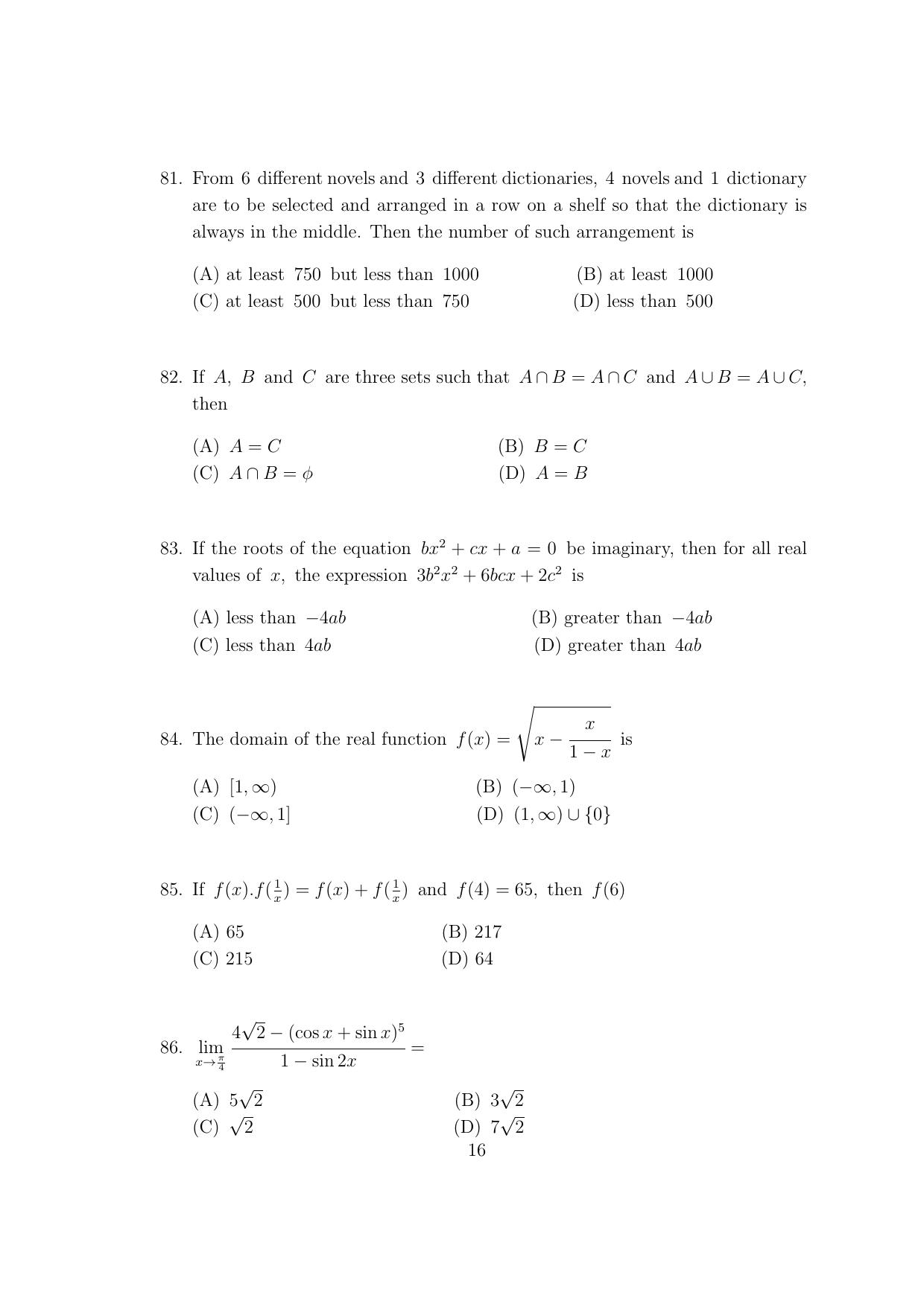 CUSAT CAT 2017 Btech Question Paper - Page 16