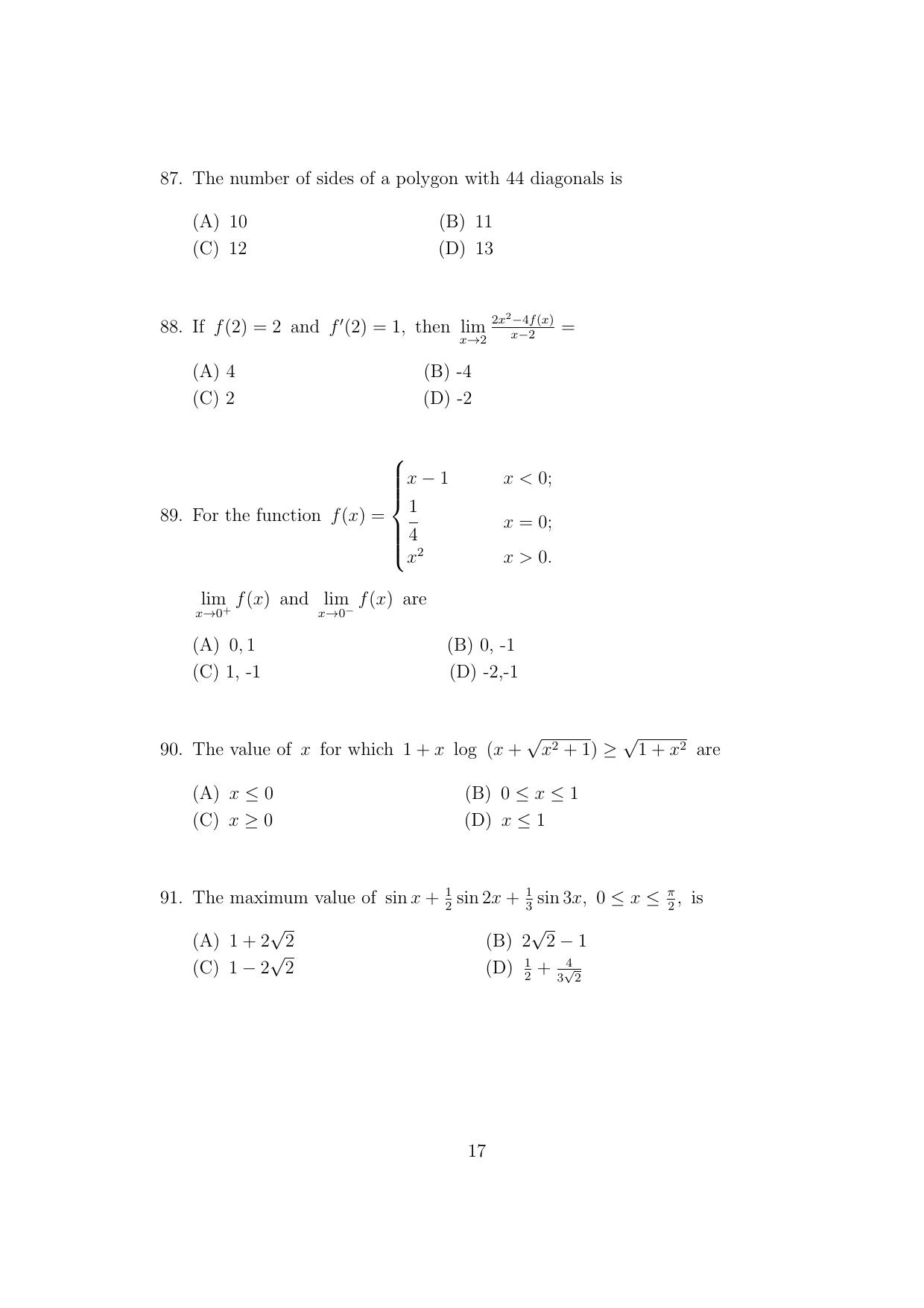 CUSAT CAT 2017 Btech Question Paper - Page 17